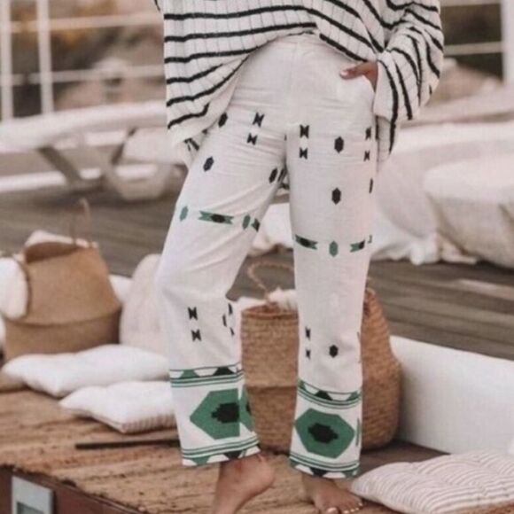 Zara Embroidered Linen Blend Pants White Green Aztec Design Pocket Blogger Fav S - Picture 16 of 16